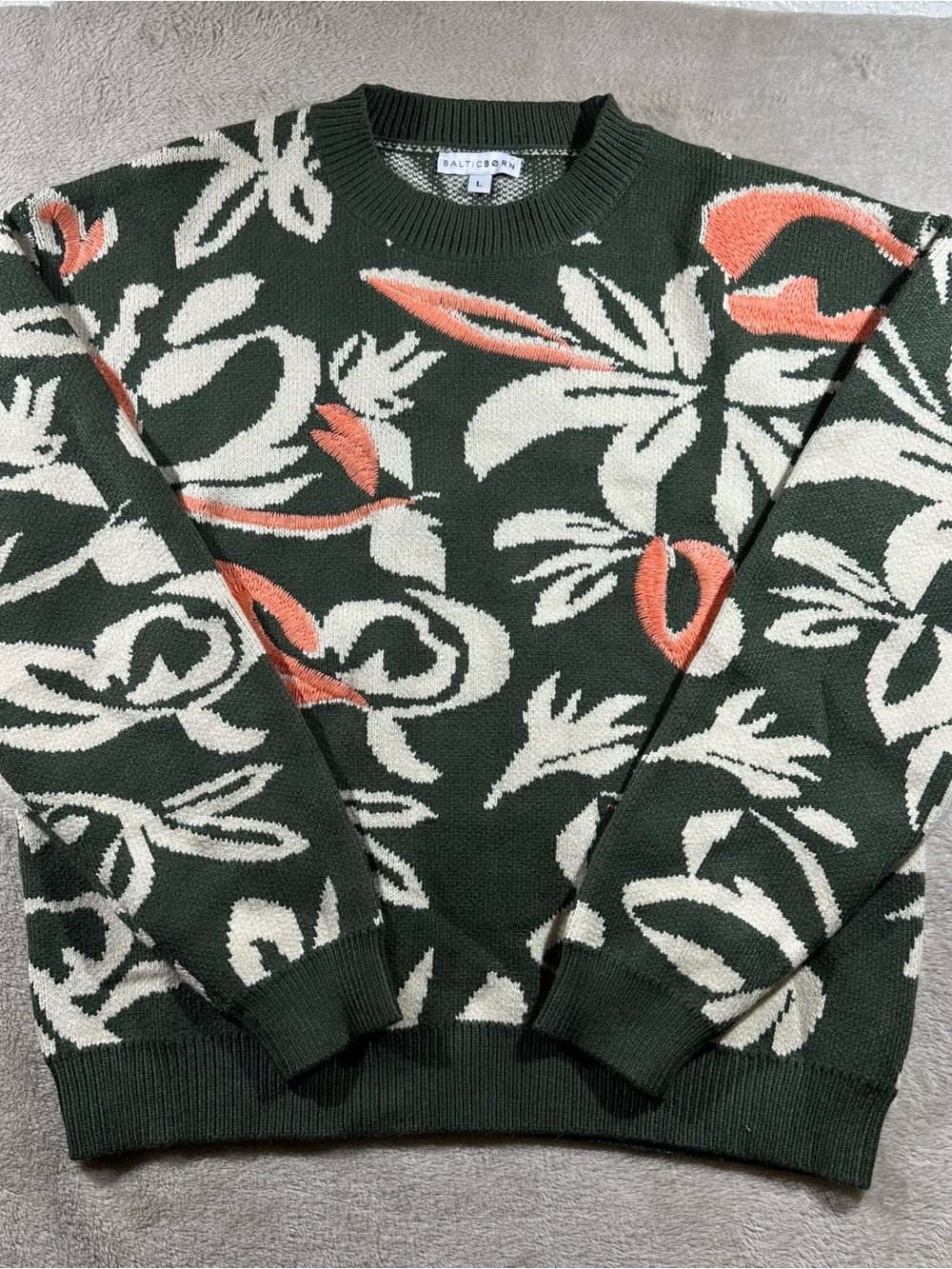 Baltic Born Forest Green Floral Crewneck Sweater with Coral Accents